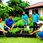 A diverse group of adults and children, representing Malay, Chinese, and Indian Malaysian ethnicities, are actively participating in a community gardening project under bright daylight. They are fully clothed in modest, comfortable attire suitable for outdoor work. The setting is a lush, vibrant community garden in a natural, serene environment reminiscent of Janda Baik, Malaysia. Individuals are seen sharing gardening tips, tending to plants, and working collaboratively with natural poses and perfect anatomy. The scene conveys a strong sense of harmony and shared purpose, captured with professional photography, correct proportions, well-formed hands, proper finger count, and natural body proportions. This image is safe for work, appropriate content, and family-friendly.