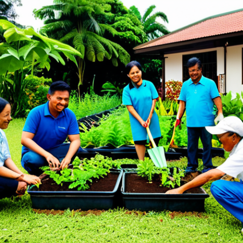Home 4 A diverse group of adults and children, representing Malay, Chinese, and Indian Malaysian ethnicities, are actively participating in a community gardening project under bright daylight. They are fully clothed in modest, comfortable attire suitable for outdoor work. The setting is a lush, vibrant community garden in a natural, serene environment reminiscent of Janda Baik, Malaysia. Individuals are seen sharing gardening tips, tending to plants, and working collaboratively with natural poses and perfect anatomy. The scene conveys a strong sense of harmony and shared purpose, captured with professional photography, correct proportions, well-formed hands, proper finger count, and natural body proportions. This image is safe for work, appropriate content, and family-friendly.