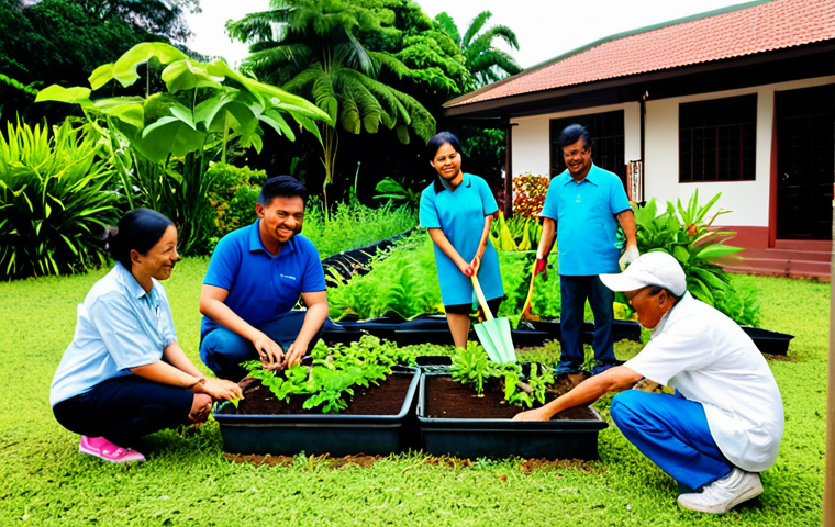 A diverse group of adults and children, representing Malay, Chinese, and Indian Malaysian ethnicities, are actively participating in a community gardening project under bright daylight. They are fully clothed in modest, comfortable attire suitable for outdoor work. The setting is a lush, vibrant community garden in a natural, serene environment reminiscent of Janda Baik, Malaysia. Individuals are seen sharing gardening tips, tending to plants, and working collaboratively with natural poses and perfect anatomy. The scene conveys a strong sense of harmony and shared purpose, captured with professional photography, correct proportions, well-formed hands, proper finger count, and natural body proportions. This image is safe for work, appropriate content, and family-friendly.